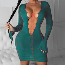 Load image into Gallery viewer, Sexy Deep V Neck Ribbed Long Sleeve Bodycon Dresses
