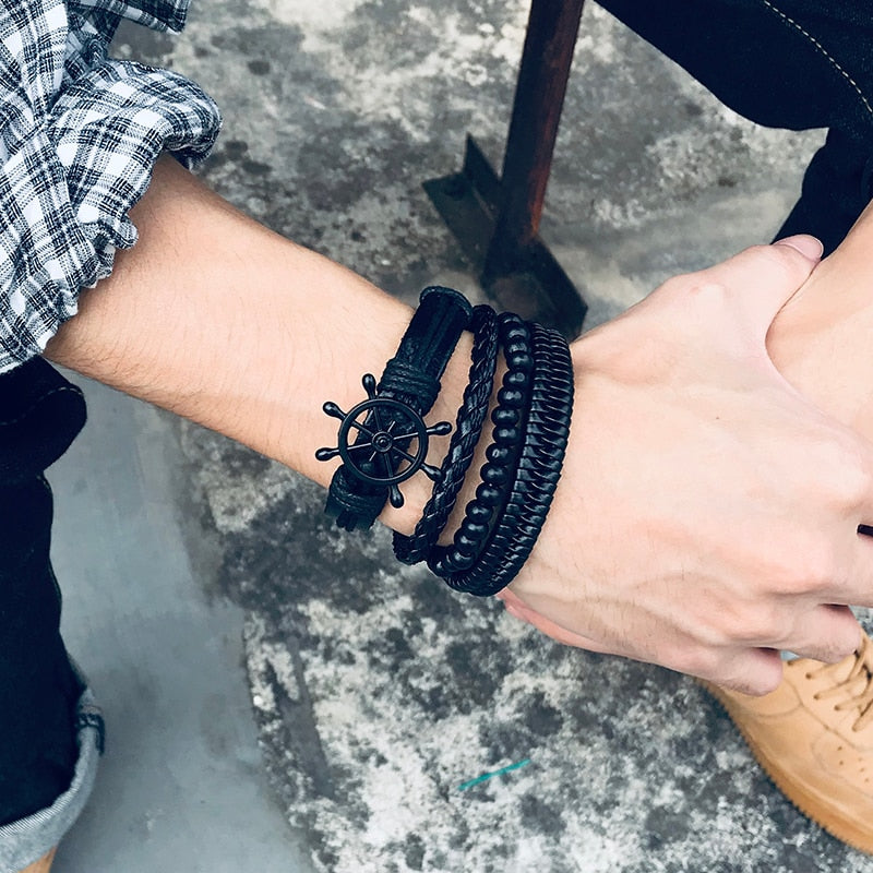 Braided Wrap Leather Bracelets for Men Vintage Life Tree