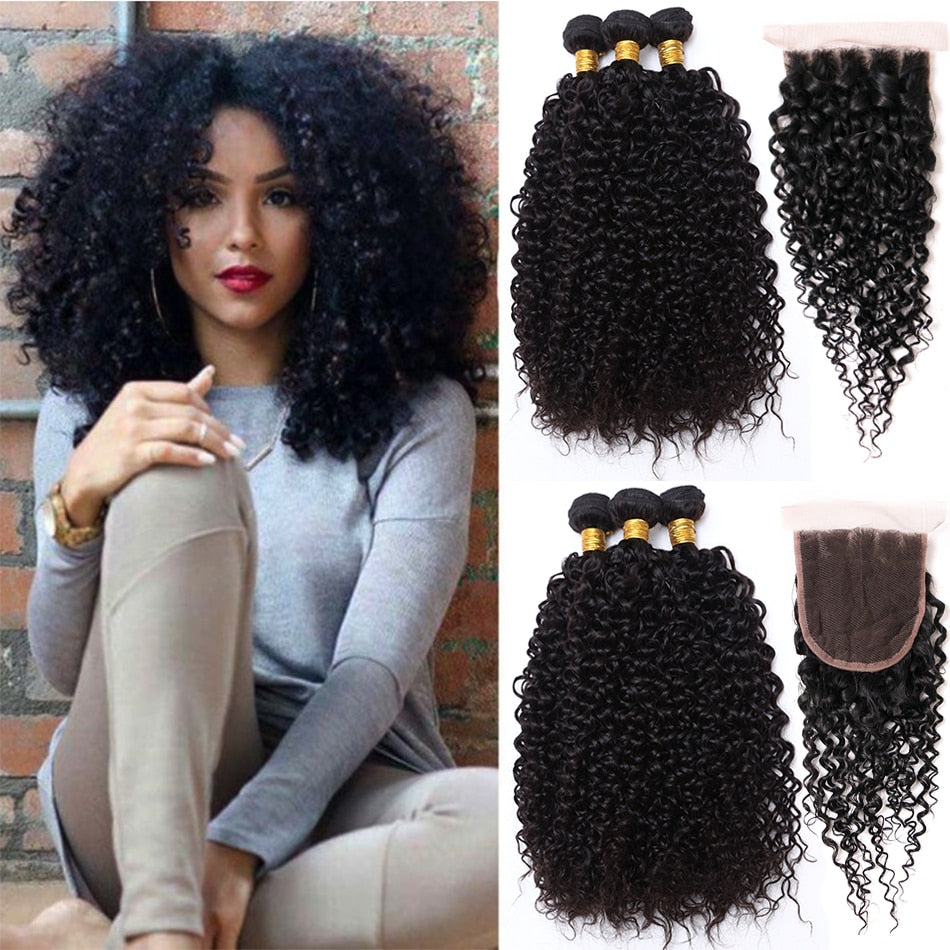 Malaysian Curly Hair With Closure Wet and Wavy Human Hair Bundles