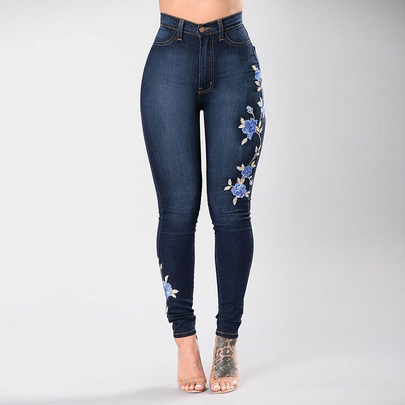 Blue Rose Embroidered Jeans Lady's Slim Print Trousers High Waist Sexy Pencil Pants Plus Sizes