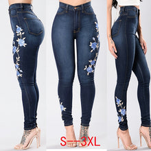 Load image into Gallery viewer, Blue Rose Embroidered Jeans Lady&#39;s Slim Print Trousers High Waist Sexy Pencil Pants Plus Sizes
