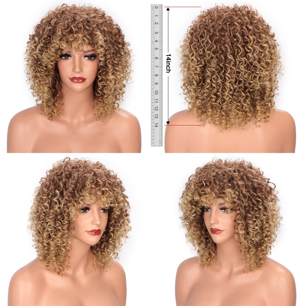 Curly Synthetic Short Wig With Bangs Mixed Brown and Blonde 14inch