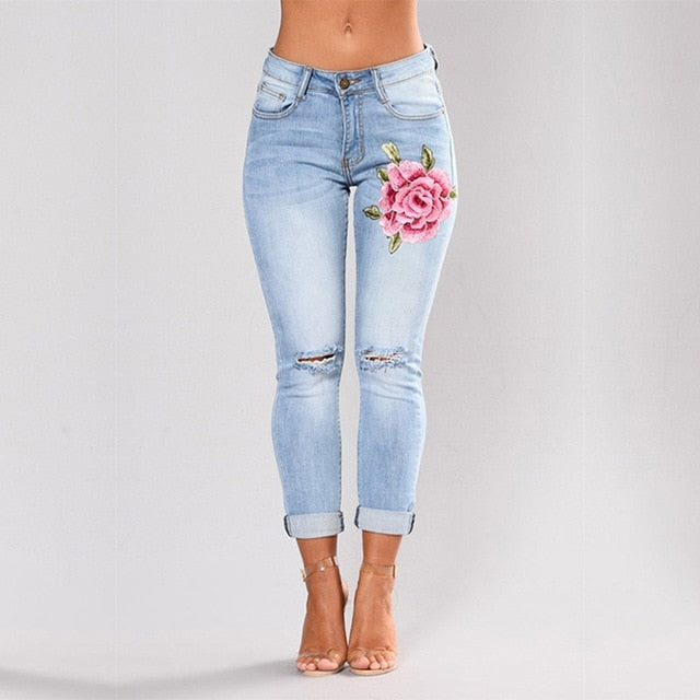 Stretch Embroidered Jeans Slim Denim Pants Hole Ripped Rose Pattern Jeans