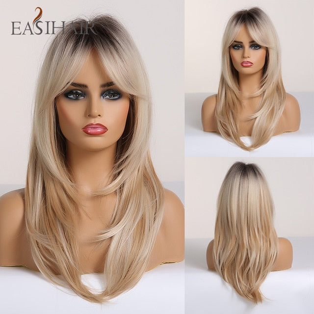 Long Straight Wigs with Bangs Black to Brown Ombre Synthetic Wigs Natural Hair Wigs Heat Resistant For Every Woman