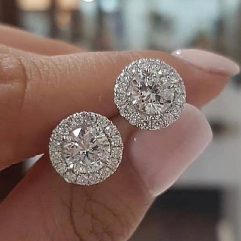 Luxury Crystal Round Stud Earrings Vintage Silver And Yellow Gold Zircon Stone Earrings
