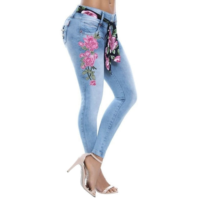 Sexy Floral Embroidery High Waist Skinny Jeans Denim/ Polyester/ Spandex Jeans S-5XL