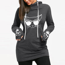 Load image into Gallery viewer, Women&#39;s Cotton O-neck Long Sleeve Casual Style Sweatshirts Cartoon Cat Print Drawstring Tunic Hoodie
