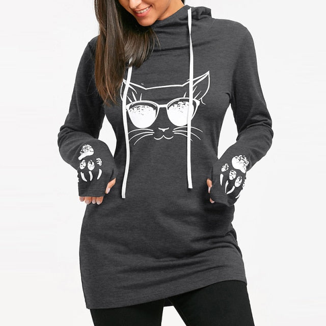 Women's Cotton O-neck Long Sleeve Casual Style Sweatshirts Cartoon Cat Print Drawstring Tunic Hoodie
