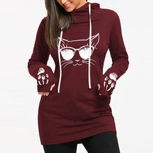 Load image into Gallery viewer, Women&#39;s Cotton O-neck Long Sleeve Casual Style Sweatshirts Cartoon Cat Print Drawstring Tunic Hoodie
