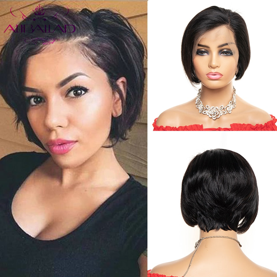 Pixie Cut Bob Lace Front Human Hair Wigs Brazilian Remy With Baby Hair 130% Density