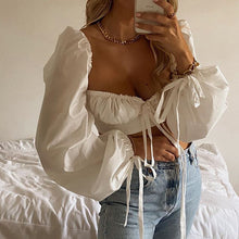 Load image into Gallery viewer, White Balloon Sleeve Elegant Women Top and Blouse Shirts Autumn Sexy Backless Crop Tops Solid
