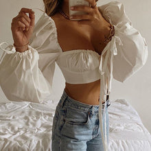 Load image into Gallery viewer, White Balloon Sleeve Elegant Women Top and Blouse Shirts Autumn Sexy Backless Crop Tops Solid
