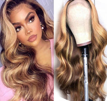 Load image into Gallery viewer, Honey Blonde Highlighted 13x4 Ombre Brown Body Wave Lace Front Human Hair Silk Base Malaysian
