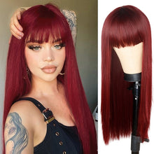 Load image into Gallery viewer, Long Straight Wine Red Wig With Bangs Synthetic Hair Heat Resistant Many Colors
