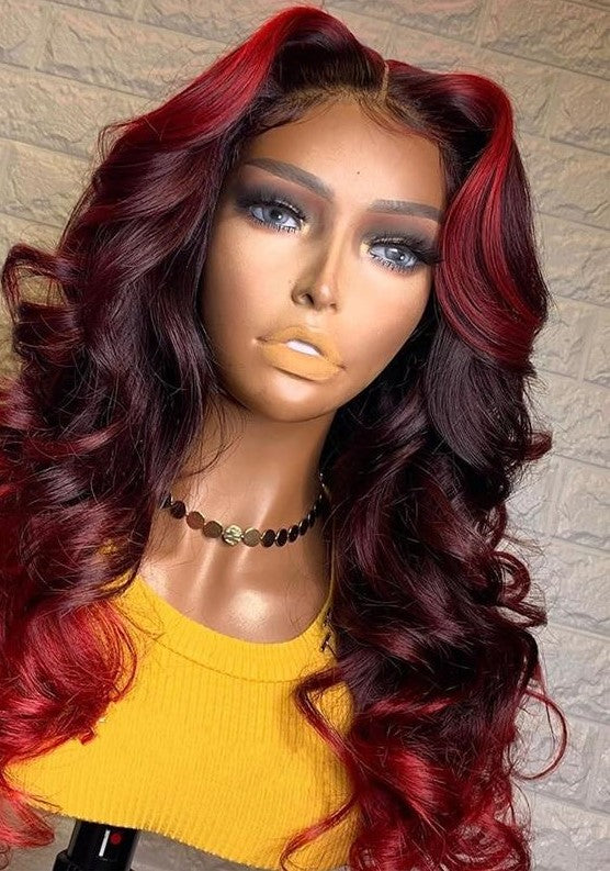 Ombre Red Burgundy 13X4 Lace Frontal Human Hair Wigs 180% Brazilian Remy