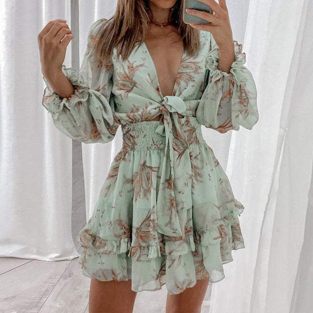 Sexy Self-tie Knot Front Ruffle Dresses