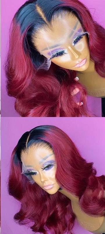 HD Transparent Ombre 99J Burgundy Red Body Wave 13x6 Lace Front Wig Colored Loose Deep Frontal Human Hair Wigs