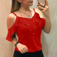 Load image into Gallery viewer, Ruffles Short Sleeve Blouse Women Summer Plus Size S-5XL Casual Spaghetti Strap Solid Shirts

