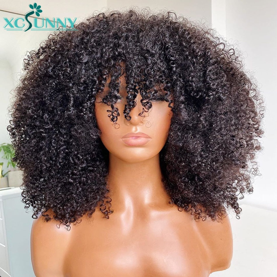 Afro Kinky Curly Wig With Bangs Full Machine Made Scalp Top Wig 200 Density Remy Brazilian Short Curly Human Hair Wigs