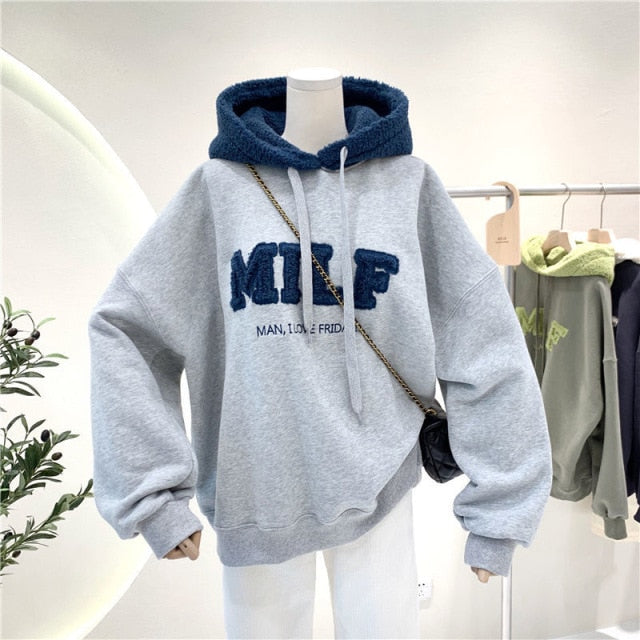 Letter Printing Embroidery Hoodies Female Winter Hooded Sweatshirts  Large Size Fashionable