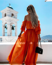 Load image into Gallery viewer, Bohemian Long Dress Women Off Shoulder Chiffon Dress Lace-up Solid Color Ruffle Beachwear Blue/Orange
