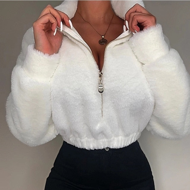 Casual Loose Winter Crop Tops Solid Color Fully Stand-Neck Long Sleeve Zip-Up Pullover Sweatshirt