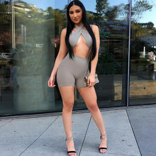 Load image into Gallery viewer, 2 Piece Set Women Summer Outfit Solid Color Halter Neck Backless Crop Tops + High-Waist Shorts for Female Grey/Black/Khaki
