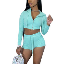 Load image into Gallery viewer, Fashion Women’s Casual Two Piece Sets Solid Color Long Sleeve Hooded Crop Tops and High Waist Shorts Autumn Outfits
