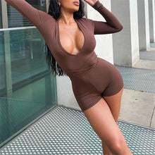 Load image into Gallery viewer, Sexy Solid Color Drawstring Skinny Playsuits Brown Long Sleeve Deep V-neck  Tight Backless Short Romper for Summer
